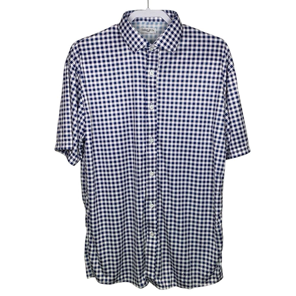 Collars & Co Button Up Polo Shirt Mens L Purple Gingham Quattro Flex Office NEW